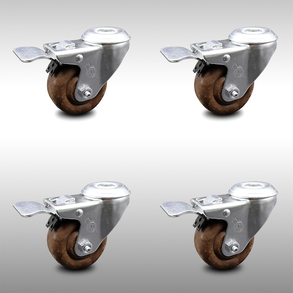 3 Inch SS High Temp Glass Filled Nylon Bolt Hole Caster Set with Lock Brake SCC